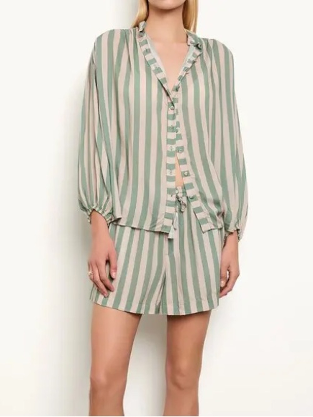 Natalie Martin Green and Cream Striped Skirt Set